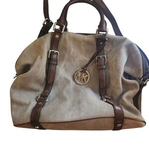 Michael Kors Jute Canvas Beige & Dark Mocha Brown Leather Handbag & Crossbody